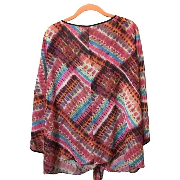 𝅺SHEER bright multi geo print tie waist top/cover. - Picture 2 of 6